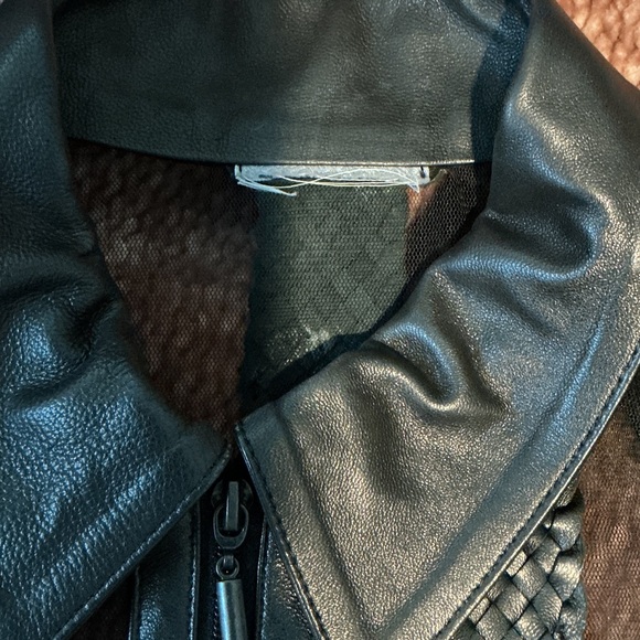 Sheer Black Lace Zip-Front Blouse with Leather Collar and Accent - Picture 6 of 7